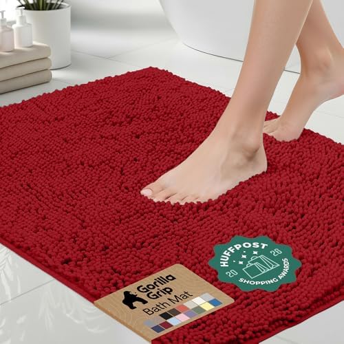 GORILLA GRIP Bath Rug Mat for Bathroom, Absorbent Chenille, 60x24 Red