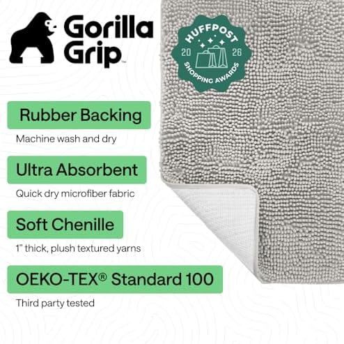 GORILLA GRIP Bath Rug Mat for Bathroom, Absorbent Chenille 54x24 Light Gray