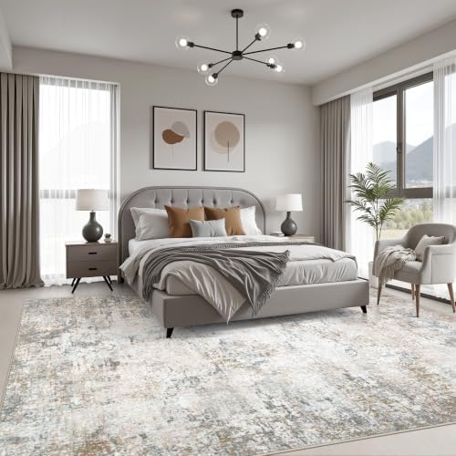 9x12 Area Rug Living Room Rug: Washable Modern Abstract Soft Thin Rug Indoor Floor No Slip Stain Resistant Carpet for Bedroom Dining Room Farmhouse Nursery Home Office - Brown Grey