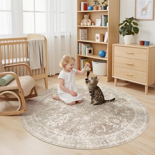 Madane Washable Round Rug 5ft for Living Room, Soft Neutral Rug Brown/Sand