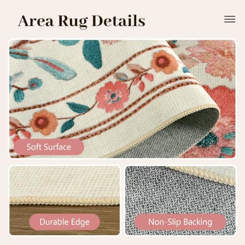 9x12 Ft Washable Area Rug for Living Room Beige Vintage Floral Carpet