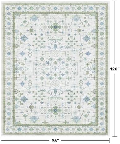Hazo Haus Blue and Green Living Room Rug 8x10 - Cream Oushak Vintage Boho Floral Farmhouse, Washable Low Pile Non-Slip Extra Large Area Rugs for Bedroom, Girls, Boys, Playroom, Lounge