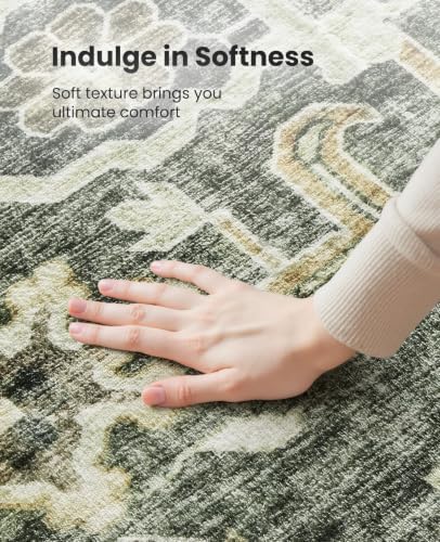 Amada 6x9 Washable Area Rug for Dining Room, Green/Brown, Vintage Pattern