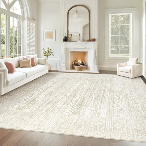10x12 Area Rugs for Living Room: Washable Moroccan Geometric Boho Rug Farmhouse Non Slip Stain Resistant Large Rug Low Pile Soft Carpet for Bedroom Dining Room Children Room (Ivory Beige,10'x12')