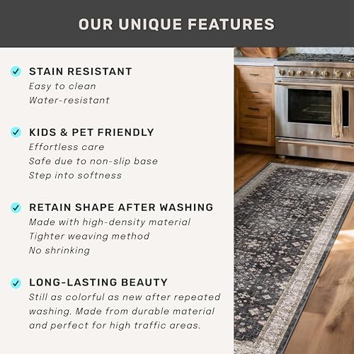 Black Washable Long Runners for Hallways, 2'6"x6' Wide Kitchen Runner Rug, Entryway Indoor Rug, Non Slip Rubber Backing Boho Vintage Floor Decor