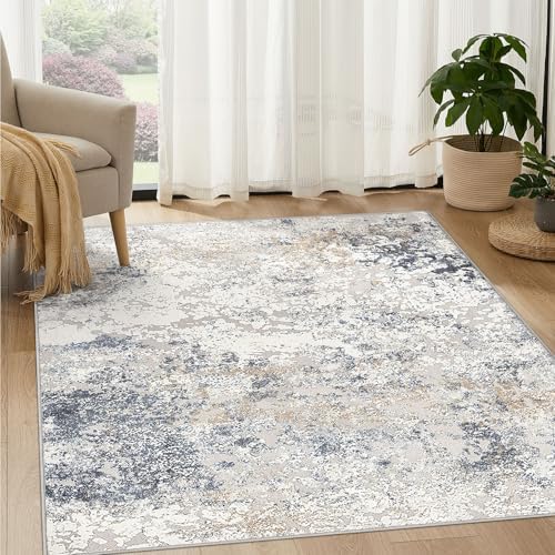 DMOYEST Square Area Rug Living Room Rugs - 6x6 Washable Large Soft Indoor Neutral Modern Abstract Low Pile Rug Carpet for Bedroom Dining Room Farmhouse Home Office - Beige Blue