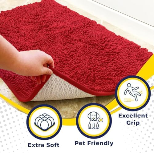 Muddy Mat® | Super Water Absorbent Door Mat Indoor, Microfiber Quick Dry Chenille Entryway Rug, Slip Resistant Front Door Mat, Indoor Mats for Entryway, Machine Washable Pet Rug, Red 3ft x 8ft