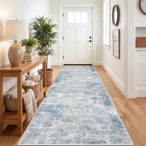 IOHOUZE Abstract Runner Rug 3x10 Ft Washable Runners for Hallways, Non Slip Kitchen Runner Printed Faux Wool Entryway Runner Indoor, Modern Abstract Floor Carpet for Hall Bedroom, Light Blue Grey