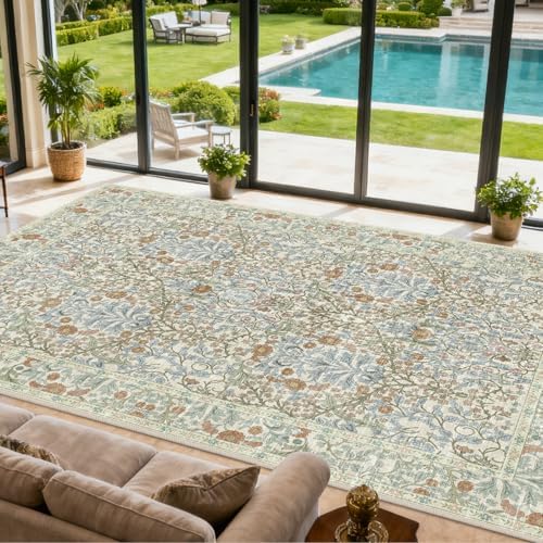 Area Rug for Living Room 10x12 Washable Soft Carpet (Beige Blue)