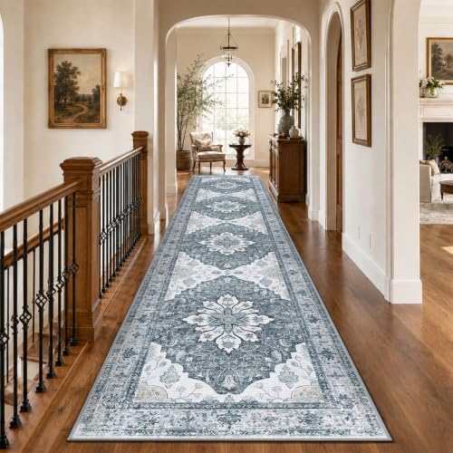 RELEANY Washable Area Rug, Runner 2'6"x14', Grey/White/Beige