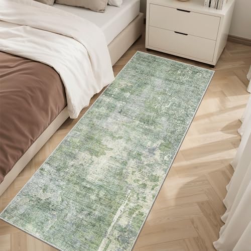 Soalmost Abstratc Runner Rug 2x5 Washable Kitchen Entry Runners Green/Ivory