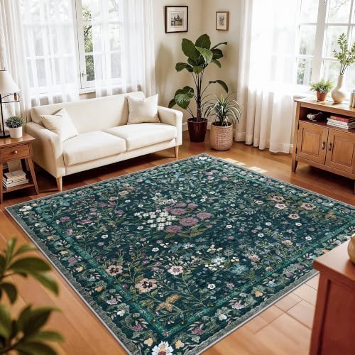 6x6 Washable Area Rug Living Room: Floral Non-Slip Washable Mat for Indoor Floor Dining Room Bedroom High Traffic Area - Soft Low Pile Carpet for Vintage Boho Home Decor (6ft Square, Green)