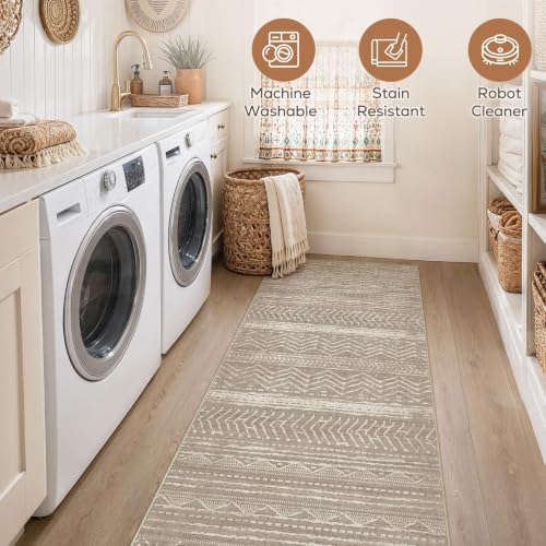 Nakagishi Area Rug Living Room Rugs: 3X8 Machine Washable Boho Large Neutral Farmhouse Stain Resistant Moroccan Indoor Floor Carpet for Bedroom Nursery Dorm Dining Room Home-Dark Brown