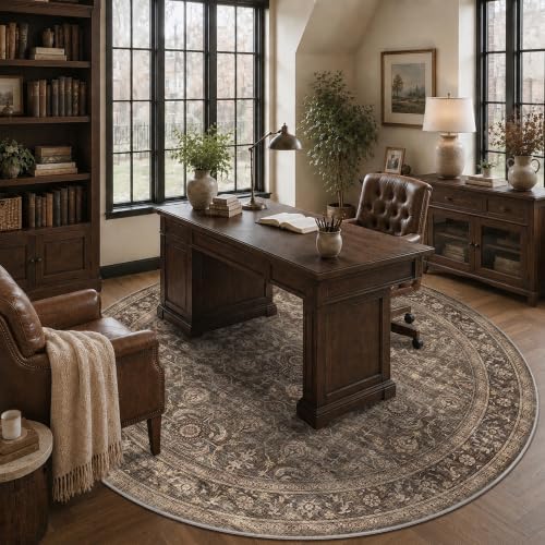 JOOJA 8x8 Dark Brown Vintage Low Pile Washable Boho Round Living Room Rug