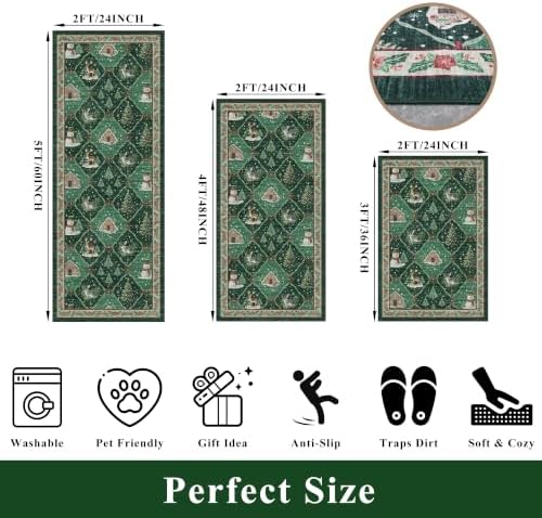Christmas Decorations Kitchen Rugs Set of 3: Washable Non-Slip Kitchen Mat for Floor Snowman and Gnome Soft Vintage Farmhouse Runner Rug for Sink Floor Mats ＆Indoor, Hallway, Entryway, (Green)