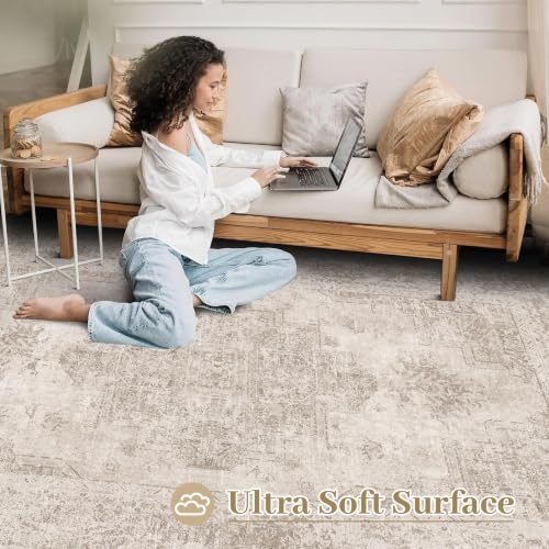XLUEZ Area Rug 6x9 Living Room Rug, Machine Washable Vintage Distressed Medallion Rug Non-Slip Soft Low Pile Large Indoor Rugs for Bedroom Kitchen Dining Room Office(Brown,6'x9')