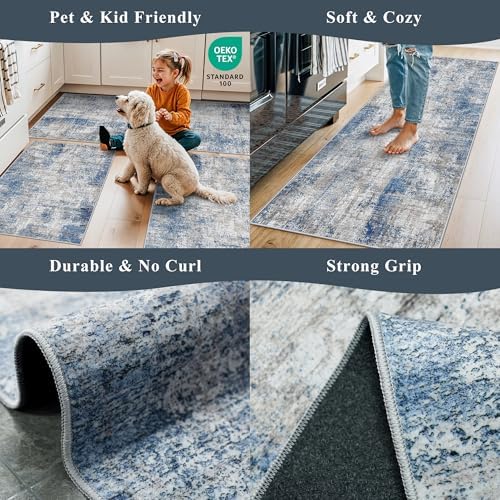 Kitchen Mats for Floor 3 Piece Set, Washable Non-Slip Farmhouse Kitchen Rugs for Hardwood Floor, Rustic Floral Boho Runner Rug for Sink,Entryway & Hallway & Bathroom (Blue/Grey/Ivory,2x3+2x4+2x5)