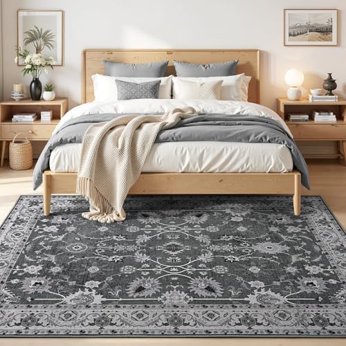 Hanples 5x7 Area Rugs for Living Room, Washable Rug Vintage Floral, Black