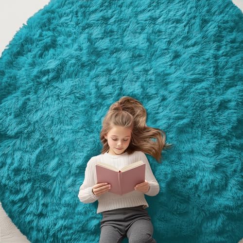 OLANLY Teal Round Rugs for Bedroom - Machine Washable, 7 ft Circle Area Rugs for Living Room, Soft and Fluffy Shaggy Carpet for Teen Girl and Boys, Nursery Rooms, Dorms, Home Decor Aesthetic