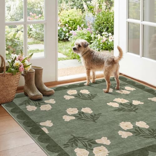 3x3 Square Entryway Rug - Non-Slip Washable Front Door Mat Indoor Outside Entrance Small Porch Rug Sage Green Cottage Scalloped Throw Rugs for Entryway Kitchen Bedroom Office Front Porch Decor