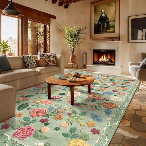 6x9 Area Rugs for Living Room: Washable Bedroom Rug Non Slip Low Pile Soft Faux Wool Non Shedding Lightweight Distressed Vintage Green Floral Large Carpet for Dining Room Entryway Farmhouse Office