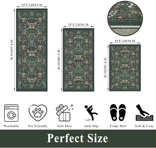 3 Piece Kitchen Rug Set, Washable Non-Slip Kitchen Mats for Hardwood Floor, Boho Farmhouse Kitchen Runner Rug for Sink,Entryway & Hallway & Bathroom (Dark Green, 2x3+2x4+2x5)