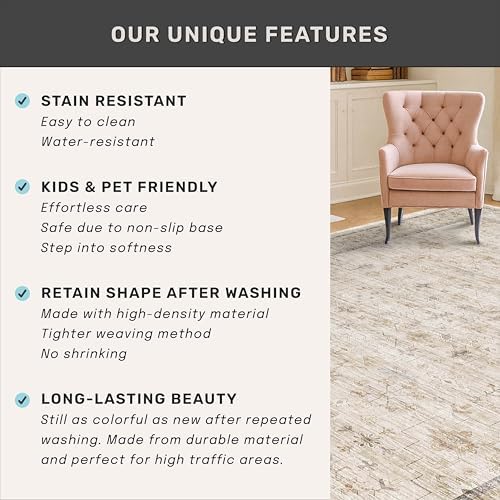 Washable 2x8 Runner Rugs for Hallway Non Slip, Stain Resistant Farmhouse Kitchen Rugs, Geometric Floral Indoor Floor Mats for Entryway, Vintage Beige Home Décor, Low Pile & Soft Carpet