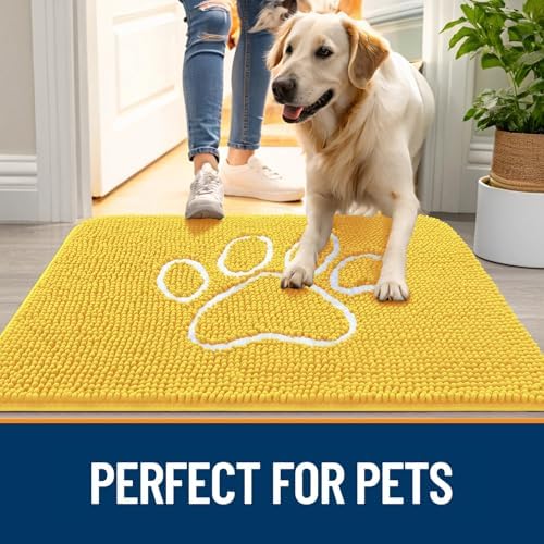 OLANLY Dog Door Mat for Muddy Paws 48x30, Paw Print Design Chenille Mud Mat