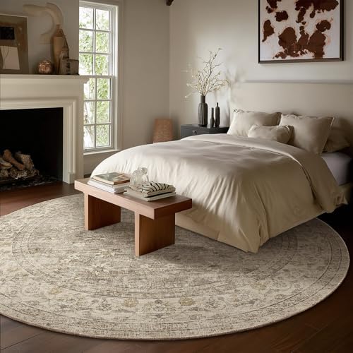 6ft Washable Round Rugs for Bedroom: Circle Living Room Rug Vintage Non Slip Low Pile Soft Faux Wool Non Shedding Boho Circular Rug for Kitchen Entryway Bathroom Bedside Office College Dorm Kids Room