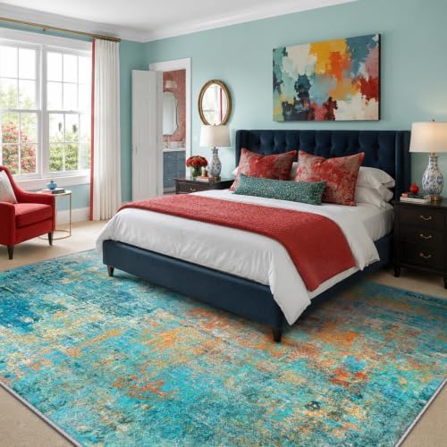 RELEANY Washable 5'x7' Abstract Area Rug for Living Room Teal Multi