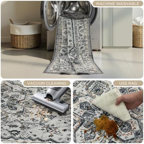 Joydeco Washable 2x6 Hallway Runner Vintage, White&Light Gray&Dark Gray