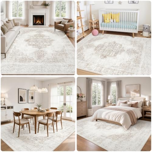 6x9 Washable Area Rugs for Bedroom Beige Ivory Non-Slip Rug