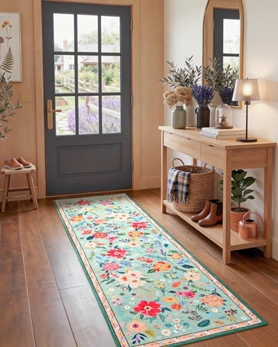 Macgace Floral Area Rug for Kitchen, Washable 2x6 Light Green Runner Rugs