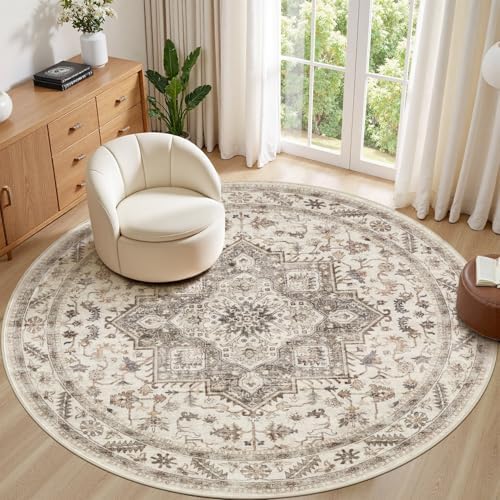 cotiled 8ft Round Living Room Area Rug, Washable, Traditional, Light Brown
