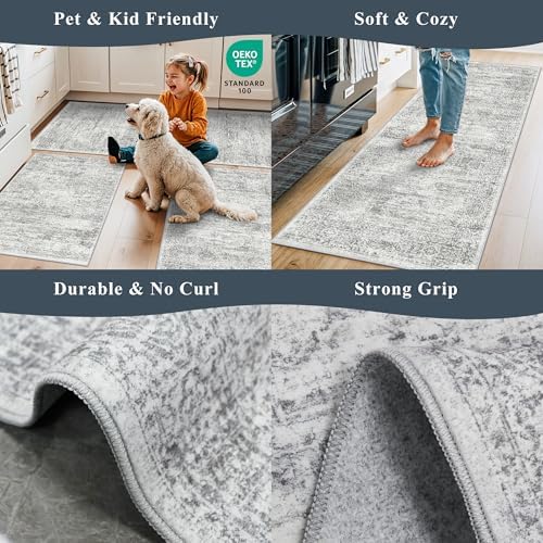 2x10 Runner Rug Non-Slip Washable Kitchen, Vintage Boho Carpet with Rubber Backing for Hallway Entryway Hall Holiday Farmhouse Neutral Cream Long Runners (Grey/Ivory,2'x10')