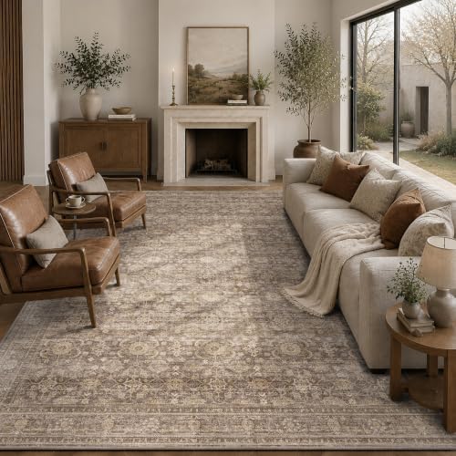 JOOJA 9x12 Neutral Tan Vintage Floral Non Slip Washable Boho Retro Area Rug