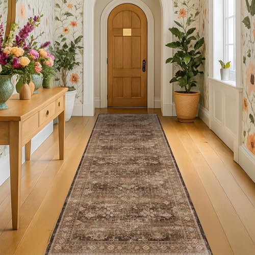 Hazo Haus Brown Earthy Boho Washable 3x10 Extra Long Hallway Runner Rug, Waterproof Large Kitchen Floor Rug Indoor, Non-Slip Stain & Fade Resistant, Vintage Dark Taupe Decor