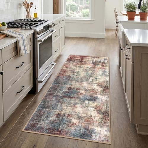 IOHOUZE Abstract Runner Rug 3x6 Ft Washable Runners for Hallways, Non Slip Kitchen Runner Printed Faux Wool Entryway Runner Indoor, Modern Abstract Floor Carpet for Hall Kitchen Bedroom, Red/Multi