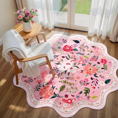 Macgace Floral Round Rug for Girls Bedroom, Washable 5ft Pink Area Rugs