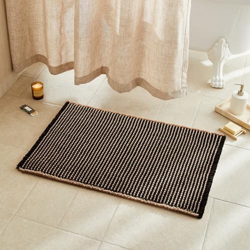 TYUU Waffle Bath Mat, Boho Bathroom Rugs Non Slip, 36x24 Khaki & Black