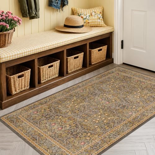 Vintage Floral Brown 3x5 Area Rugs for Entryway, Kitchen, Bathroom, Bedroom Bedside Rug, Laundry Room, Non-Slip Low Pile Ultra Soft Stain Resistant Small Gold and Taupe Carpet