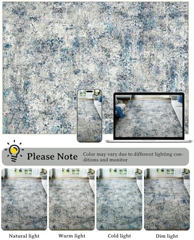Washable Area Rug for Living Room: 8x10 Modern Abstract Neutral Soft Rug for Bedroom Dining Room No Slip Low Pile Carpet for Nursery Home Office - Grey/Blue