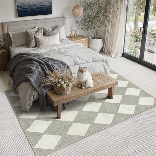 PureCozy Grey 5x7 Washable Area Rug Living Room Non Slip Checkered Carpet