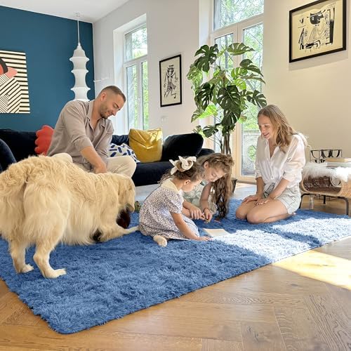 OLANLY Area Rugs for Living Room Bedroom, Machine Washable 4x5.9 ft Soft Fluffy Shaggy Bedside Rug, Indoor Floor Carpet for Kids Girls and Boys, Dorms, Nursery Rooms, Home Decor Aesthetic, Blue