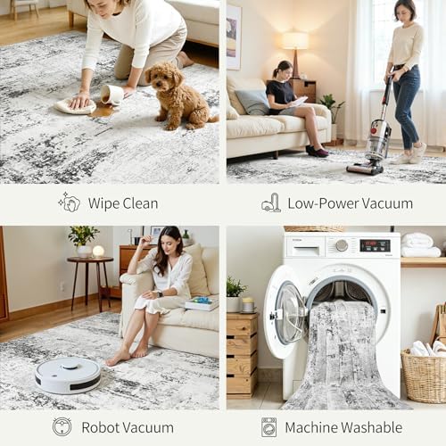 10x14 Area Rugs for Living Room Washable Abstract Rug White Grey Black