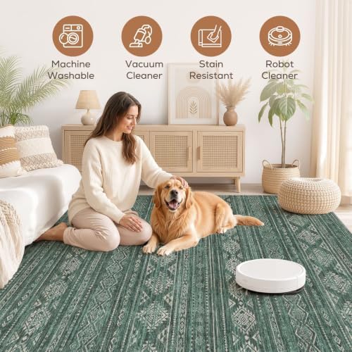 Nakagishi Area Rugs 9x12 Living Room: Washable Boho Large Neutral Modern Soft Farmhouse Green Rug Stain Resistant Indoor Floor Non-Slip Carpet for Women Home Enthusiasts Aged 25-45 - Bedroom Room