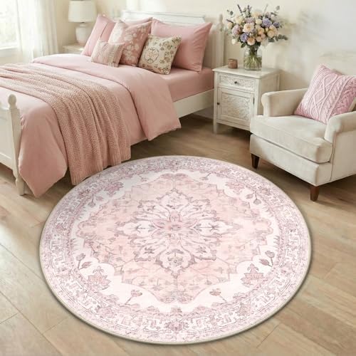 RELEANY Washable Area Rug, Round 4ft, Pink