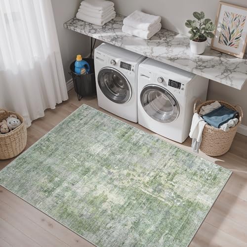 Soalmost Abstract 3x5 Rugs, Small Kitchen Entryway Area Rug Green/Ivory