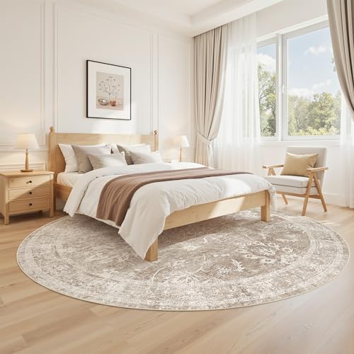 Madane Washable Round Rug 8ft for Living Room, Soft Neutral Rug Brown/Sand