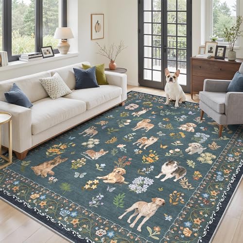 Soalmost Dog 5x7 Area Rugs for Living Room, Washable Soft Rug Navy Blue